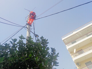 Man fixing the electricity cables on top of a utility pole.
