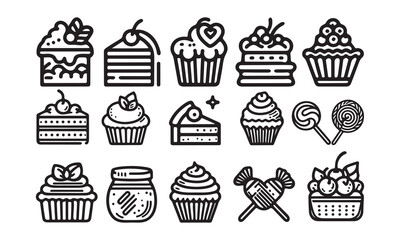 Set of Sweets, Candy and Desserts Icon line art silhouette vector illustration on white background 