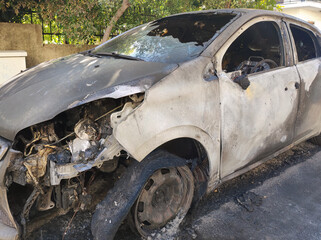 Destroyed from fire car. Close up view.
