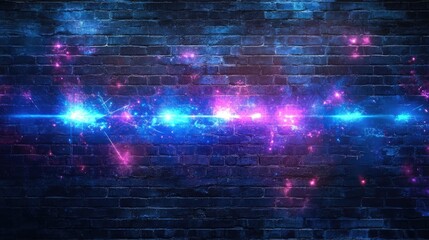 Neon futuristic backdrop with vibrant blue and purple light rays glowing over a dark brick wall for an edgy cyberpunk aesthetic