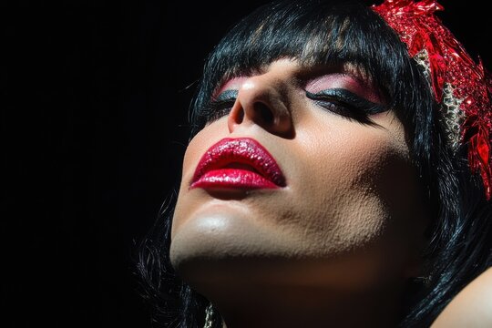 Beautiful trans woman with curly hair and striking makeup posing in dramatic lighting for an artistic portrait, Beautiful trans woman with curly hair applying lipstick in front of the mirror