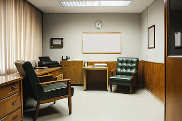 Fototapeta premium Retro office interior design wooden furniture green leather chairs desk and files