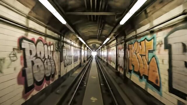 Graffiti-covered tunnel with parallel tracks and fluorescent lighting