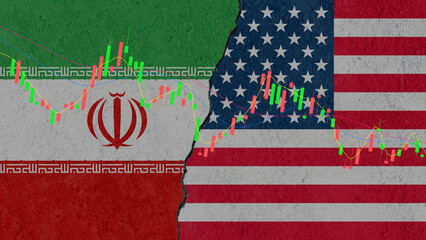 Cracked Flags of Iran, and USA: Symbolizing Political Tension and the impact on the economy.