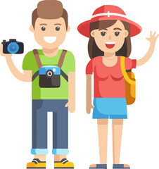 Male and Female Tourists with Cameras – Travel Photography, Sightseeing, and Vacation Memories Illustration