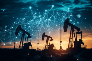 Oil pump jacks at sunset with digital network overlay showing energy connectivity