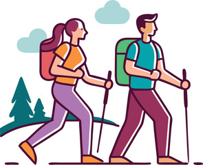 Man and Woman Hiking on a Trail – Outdoor Adventure, Nature Exploration, and Active Lifestyle Illustration
