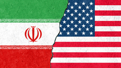 Cracked Flags of Iran, and USA: Symbolizing Political Tension.