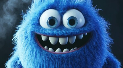 Playful 3D monster cartoon with soft blue fur big round eyes and a beaming smile perfect for lighthearted Halloween visuals