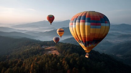 Naklejka premium Colorful hot air balloons soar over a mountainous landscape.