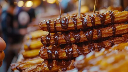 Delicious Churros with Chocolate Sauce at a Festive Market Stall