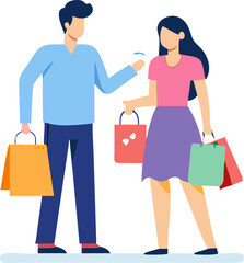 Man and Woman Shopping Together Illustration Representing Consumer Activity, Leisure, and Couple Lifestyle