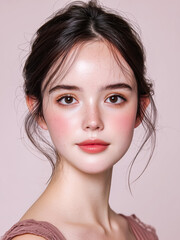 Portrait of a young foreign woman with freckles and elegant makeup style