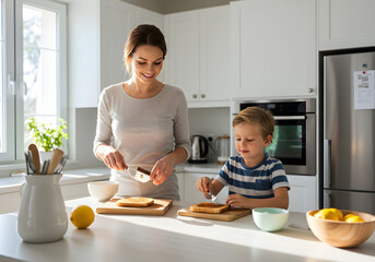 A mother and son prepare toast together in a bright kitchen, smiling and focused on their task.