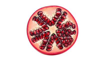 A vibrant cross-section of a ripe pomegranate reveals its jewel-toned arils against a stark black background a perfect image for food blogs and culinary projects.