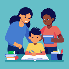 Parents Helping with Homework Illustration Representing Family Support, Education, and Learning Together

