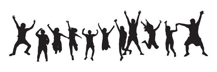 Silhouette of Happy People Jumping in Celebration