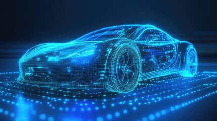 Digital wireframe render of a futuristic concept car illuminated by blue light highlighting innovation in advanced vehicle design