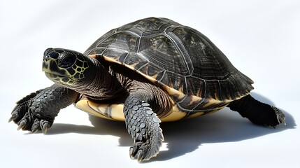 Obraz premium Slow pet turtle or wild tortoise reptile walking with its cute shell isolated on a white background