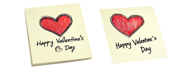 Set of Hand drawn red heart sketch with Happy Valentine's Day Mine text below placed on a yellow textured paper isolated on white transparent background. Concept of love and affection
