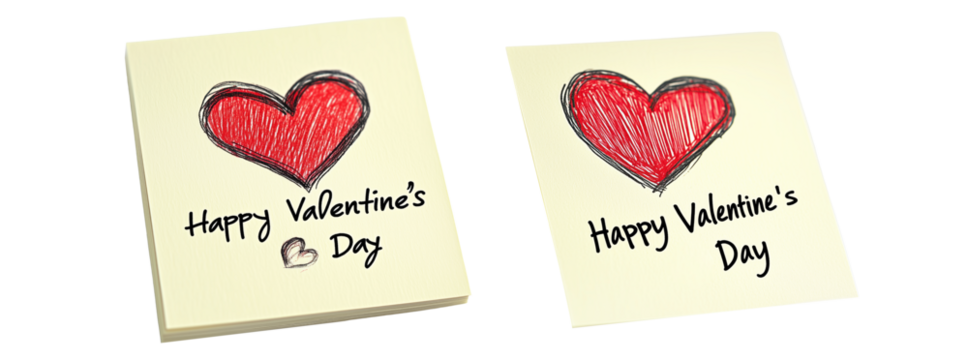 Set of Hand drawn red heart sketch with Happy Valentine's Day Mine text below placed on a yellow textured paper isolated on white transparent background. Concept of love and affection