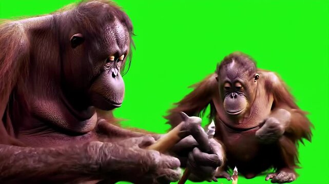 Two Orangutans Demonstrating a Traditional Tool Isolated by Green Screen Background Perfect for Wildlife and Conservation Education
