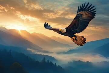 Majestic eagles soar over misty mountains at sunrise showcasing natural beauty in a seamless landscape, natural beauty and flying eagles seamless  virtual Photo Background