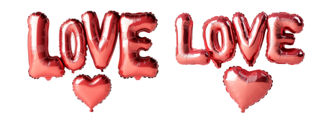 Set of red foil balloon letters forming the word LOVE isolated on white transparent background. Romantic celebration and Valentine's Day concept