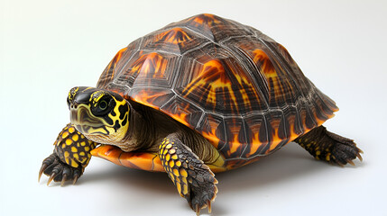 Fototapeta premium Slow pet turtle or wild tortoise reptile walking with its cute shell isolated on a white background