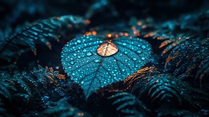 Mystical, teal leaf, dew drops, glowing center