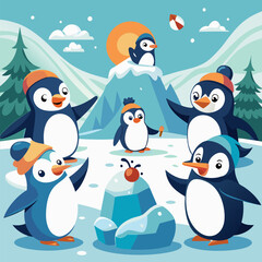 Penguins Having a Snowball Fight Illustration Depicting Playful Winter Fun, Animal Behavior, and Joyful Interaction
