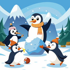 Penguins Having a Snowball Fight Illustration Depicting Playful Winter Fun, Animal Behavior, and Joyful Interaction
