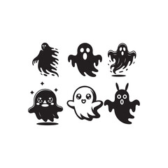 whimsical Halloween ghost illustration set with six unique spooky and cute character designs on white background.