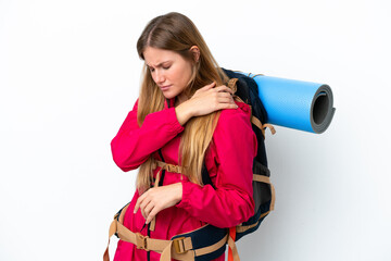 Young mountaineer girl with a big backpack over isolated white background suffering from pain in...