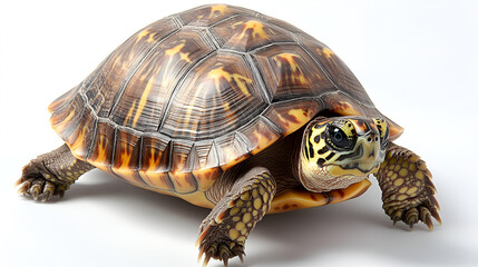 Obraz premium Slow pet turtle or wild tortoise reptile walking with its cute shell isolated on a white background