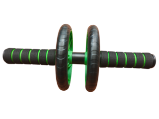 A black and green ab roller with dual wheels and foam handles designed for core and abdominal workouts.