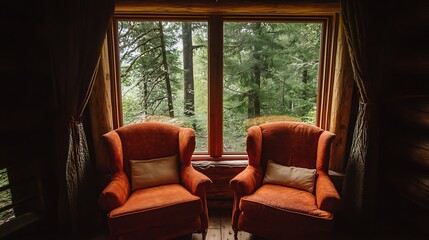 Fototapeta premium Two comfortable orange armchairs facing a large window overlooking a forest
