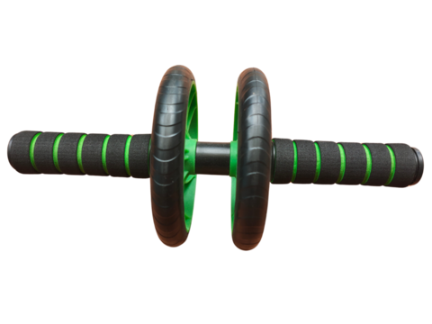 A black and green ab roller with dual wheels and foam handles designed for core and abdominal workouts.