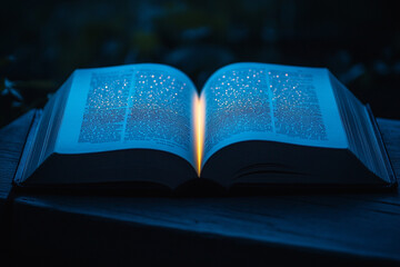 Open book glowing softly in the dark knowledge wisdom reading literature