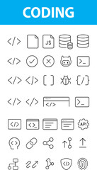Coding and Programming Editable Line Icons,  focused on coding and software development, Code Symbol, Brackets, Terminal, Script, Bug, API, Database, Cloud, terminal window, script file, bug, database