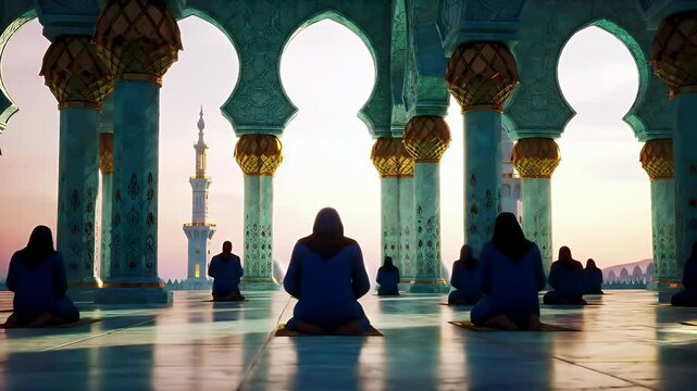 People Praying Inside Grand Mosque With Columns and Arches During Sunset Lighting Displaying Religious Theme and Architectural Grandeur