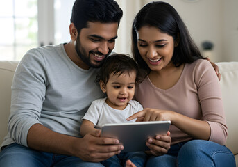 Happy Indian family enjoys screen time together on a tablet, sharing a moment of connection and laughter.
