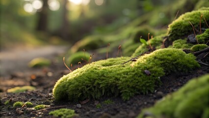 High-detail moss close-up on shaded soil, soft texture with rich color variation and fine debris