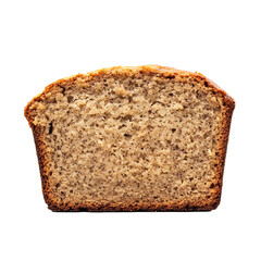 A slice of moist banana bread with a golden-brown crust and dense texture.