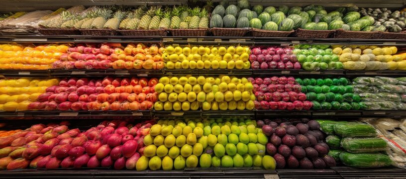 Vibrant produce display in a grocery store, showcasing various fruits and vegetables neatly organized by color on tiered shelves - Powered by Adobe