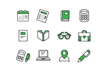 Realistic education and learning icons set. Isometric School and Office Supplies Icon Set – Vector Illustration of Stationery, Education Tools, and Office Essentials in Green and Black Line Style.
