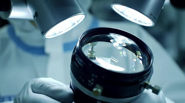 Gloved hands inspect a large lens under bright lights