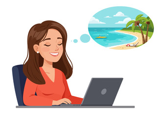 Woman Daydreaming of a Tropical Beach Vacation While Working on Laptop