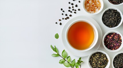 A soothing cup of tea surrounded by various aromatic herbs and spices.