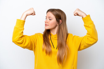 Young caucasian woman isolated on white background doing strong gesture